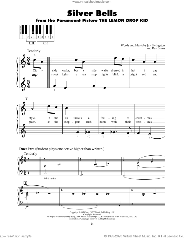 Silver Bells sheet music for piano solo (5-fingers) by Jay Livingston and Ray Evans, beginner piano (5-fingers)