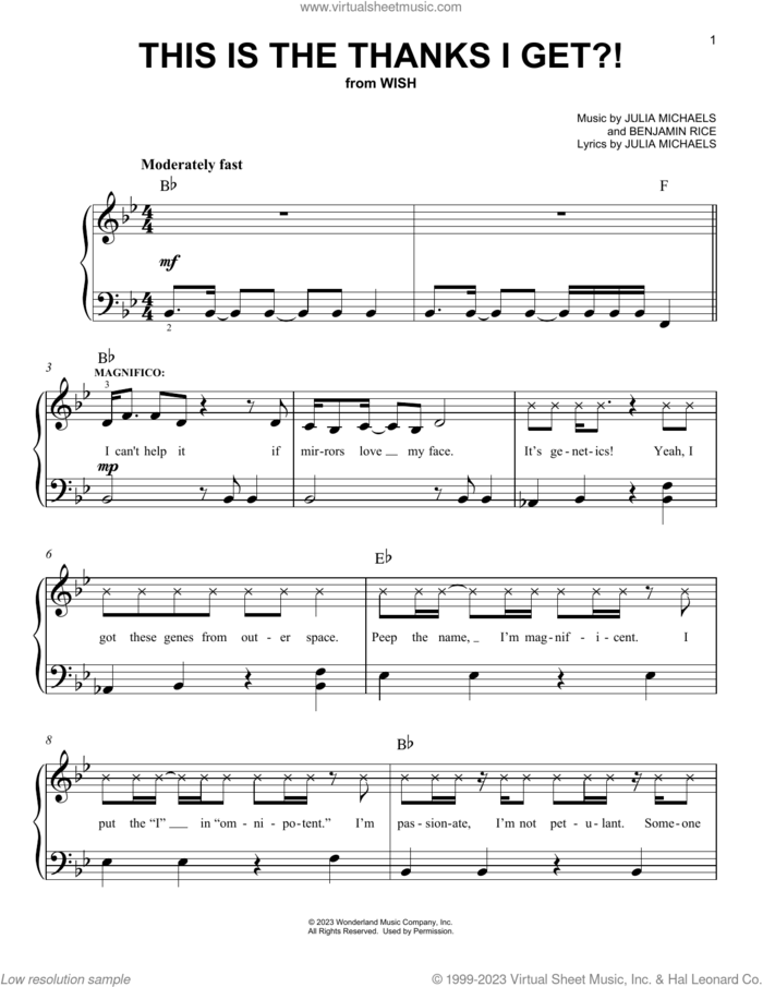 This Is The Thanks I Get?! (from Wish) sheet music for piano solo by Chris Pine, Benjamin Rice and Julia Michaels, easy skill level