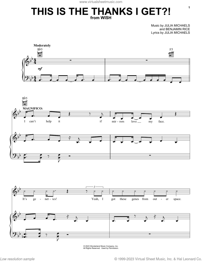 This Is The Thanks I Get?! (from Wish) sheet music for voice, piano or guitar by Chris Pine, Benjamin Rice and Julia Michaels, intermediate skill level