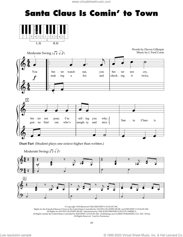 Santa Claus Is Comin' To Town sheet music for piano solo (5-fingers) by J. Fred Coots and Haven Gillespie, beginner piano (5-fingers)