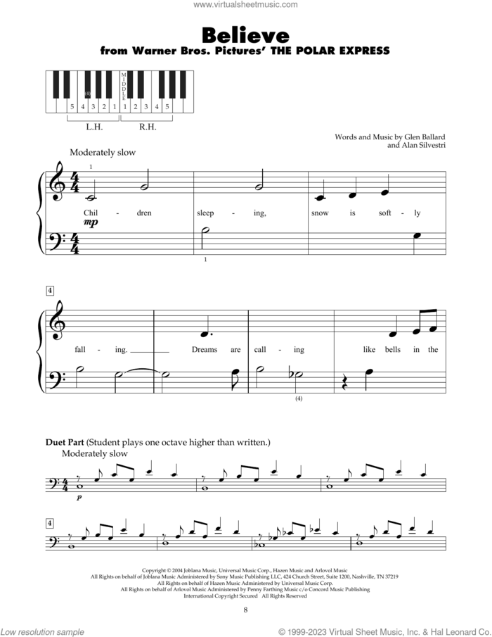 Believe (from The Polar Express) sheet music for piano solo (5-fingers) by Josh Groban, Alan Silvestri and Glen Ballard, beginner piano (5-fingers)