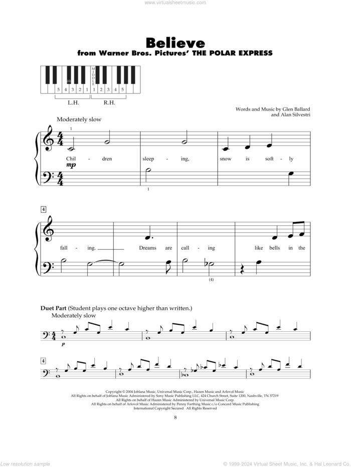 Believe (from The Polar Express) sheet music for piano solo (5-fingers) by Josh Groban, Alan Silvestri and Glen Ballard, beginner piano (5-fingers)