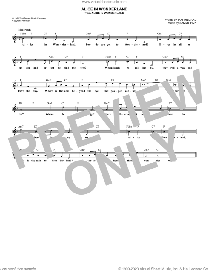 Alice In Wonderland sheet music for voice and other instruments (fake book) by Bill Evans, Bob Hilliard and Sammy Fain, intermediate skill level