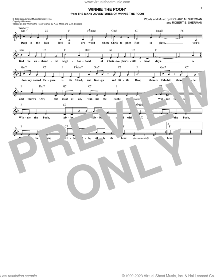 Winnie The Pooh (from The Many Adventures Of Winnie The Pooh) sheet music for voice and other instruments (fake book) by Sherman Brothers, Richard M. Sherman and Robert B. Sherman, intermediate skill level