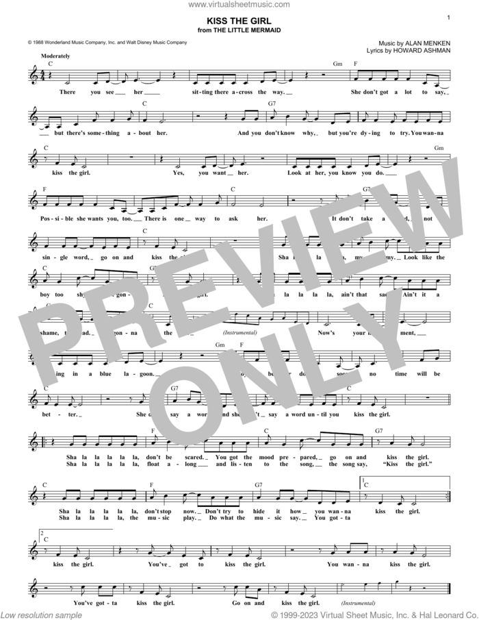 Kiss The Girl (from The Little Mermaid) sheet music for voice and other instruments (fake book) by Alan Menken & Howard Ashman, Alan Menken and Howard Ashman, intermediate skill level