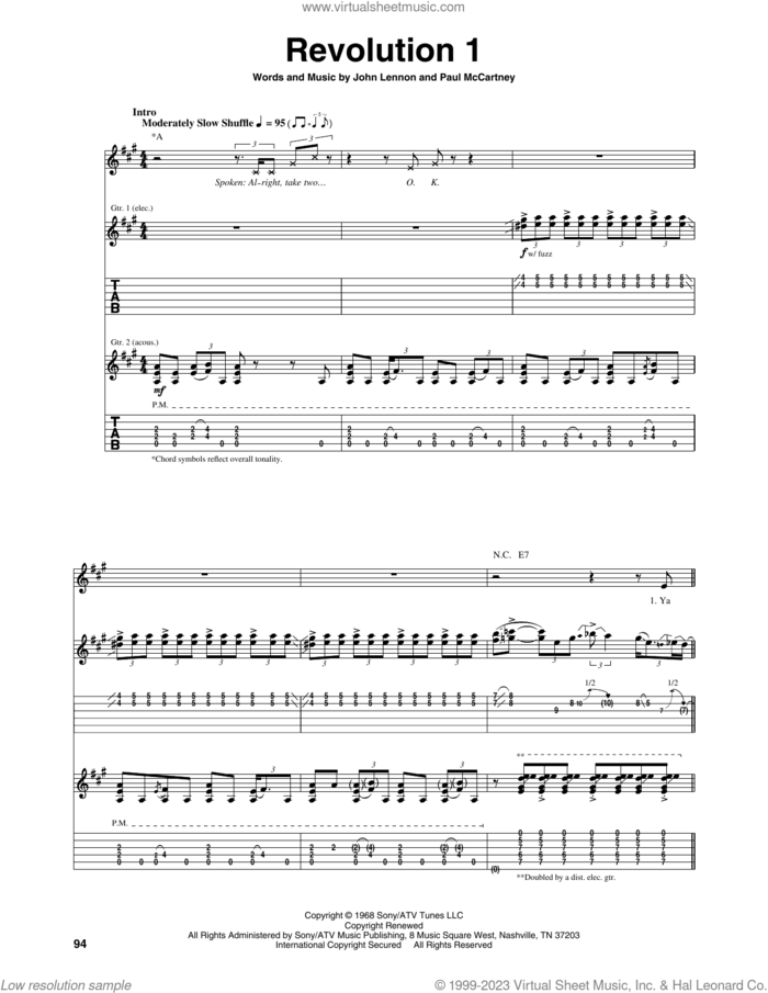 Revolution sheet music for guitar (tablature) by The Beatles, John Lennon and Paul McCartney, intermediate skill level