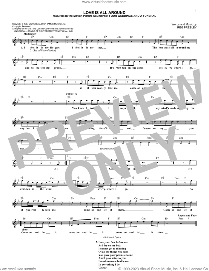 Love Is All Around sheet music for voice and other instruments (fake book) by Wet Wet Wet, The Troggs and Reg Presley, intermediate skill level