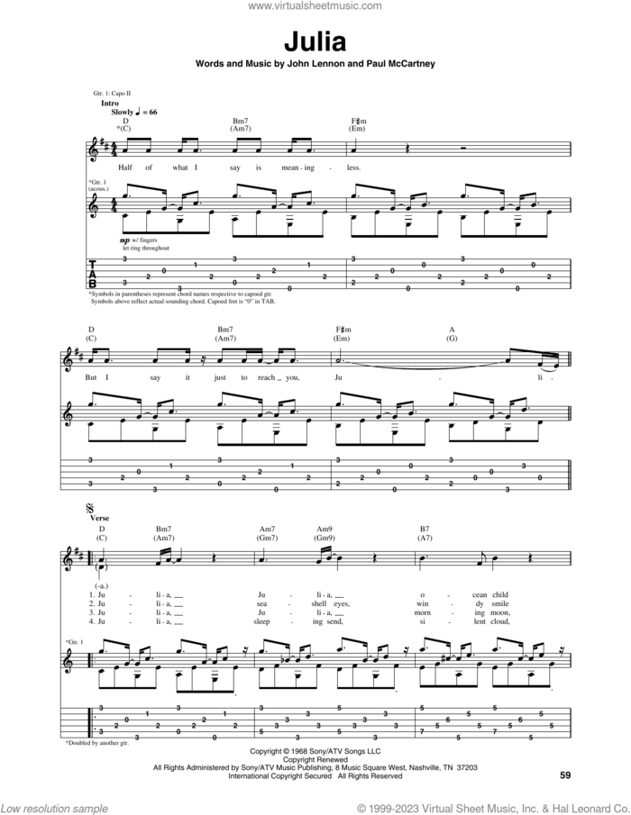 Julia sheet music for guitar (tablature) by The Beatles, John Lennon and Paul McCartney, intermediate skill level