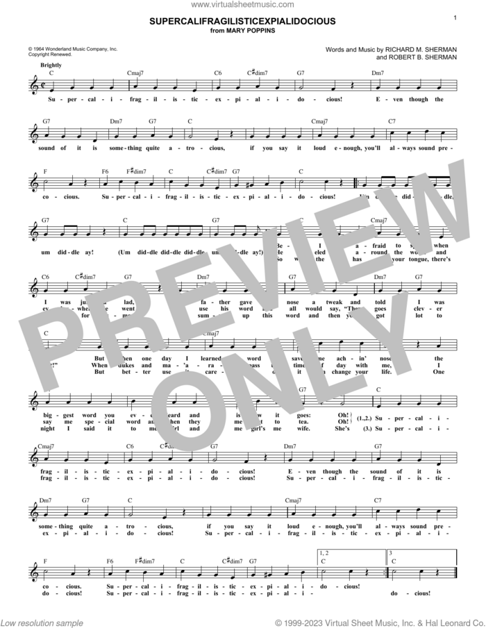 Supercalifragilisticexpialidocious (from Mary Poppins) sheet music for voice and other instruments (fake book) by Sherman Brothers, Richard M. Sherman and Robert B. Sherman, intermediate skill level