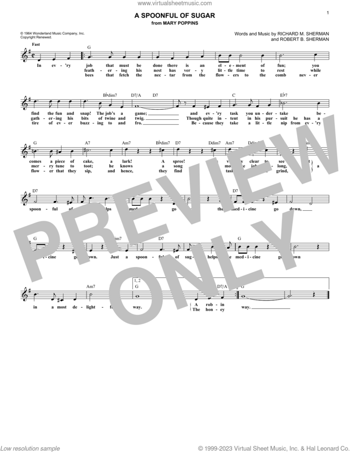 A Spoonful Of Sugar (from Mary Poppins) sheet music for voice and other instruments (fake book) by Sherman Brothers, Richard M. Sherman and Robert B. Sherman, intermediate skill level
