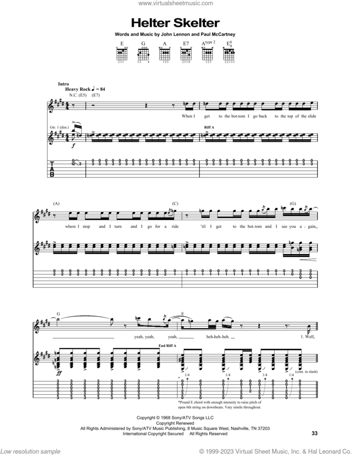 Helter Skelter sheet music for guitar (tablature) by The Beatles, John Lennon and Paul McCartney, intermediate skill level