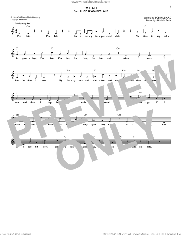 I'm Late (from Alice In Wonderland) sheet music for voice and other instruments (fake book) by Sammy Fain and Bob Hilliard, intermediate skill level