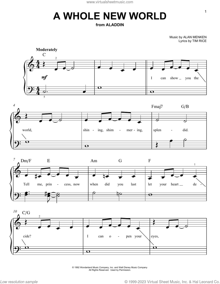 A Whole New World (from Aladdin), (easy) sheet music for piano solo by Alan Menken & Tim Rice, Alan Menken and Tim Rice, easy skill level