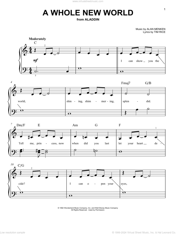 A Whole New World (from Aladdin), (easy) sheet music for piano solo by Alan Menken & Tim Rice, Alan Menken and Tim Rice, easy skill level