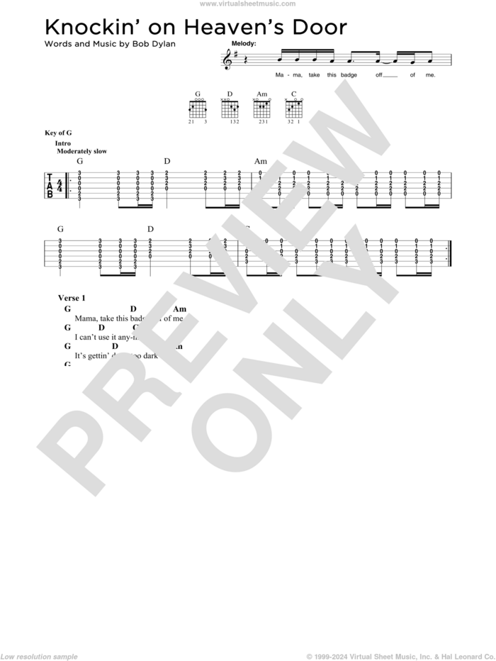 Knockin' On Heaven's Door sheet music for guitar solo (chart) by Bob Dylan and Eric Clapton, easy guitar (chart)