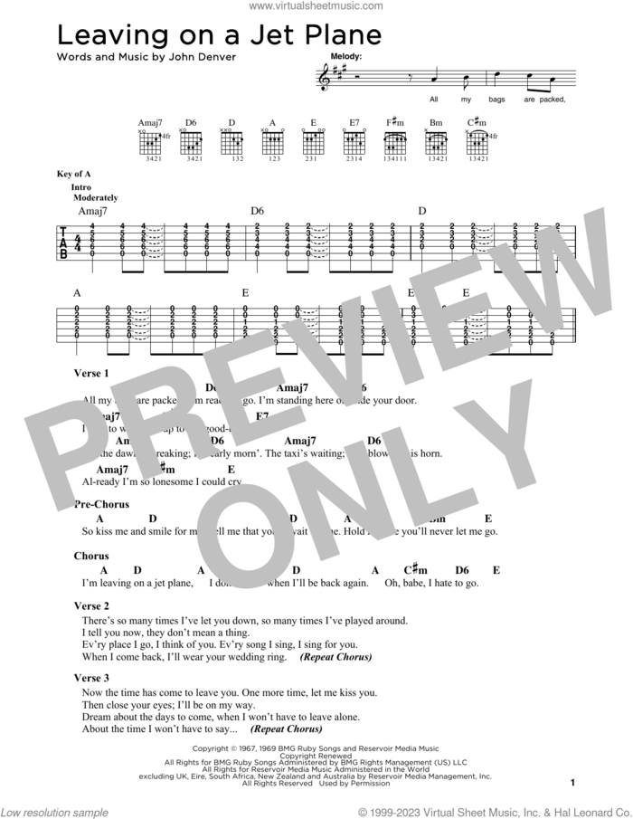 Leaving On A Jet Plane sheet music for guitar solo by John Denver and Peter, Paul & Mary, intermediate skill level