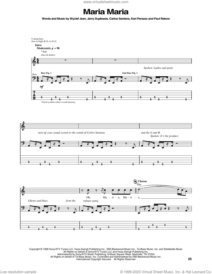 Maria Maria (feat. The Product G&B) sheet music for bass (tablature) (bass guitar) by Carlos Santana, David McRae, Jerry Duplessis, Karl Perazzo, Marvin Hough, Paul Rekow and Wyclef Jean, intermediate skill level