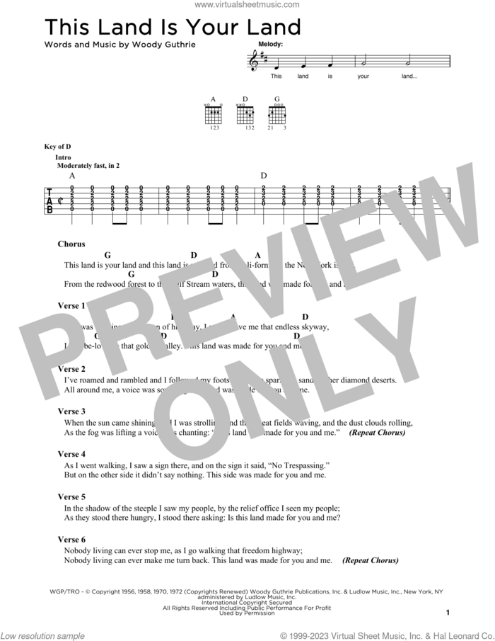 This Land Is Your Land sheet music for guitar solo by Woody Guthrie, intermediate skill level