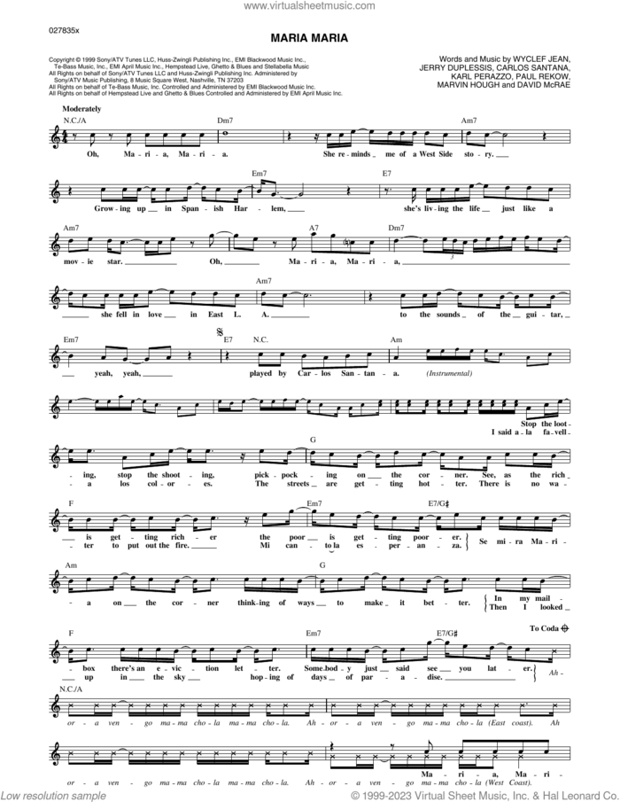 Maria Maria (feat. The Product G&B) sheet music for voice and other instruments (fake book) by Carlos Santana, David McRae, Jerry Duplessis, Karl Perazzo, Marvin Hough, Paul Rekow and Wyclef Jean, intermediate skill level