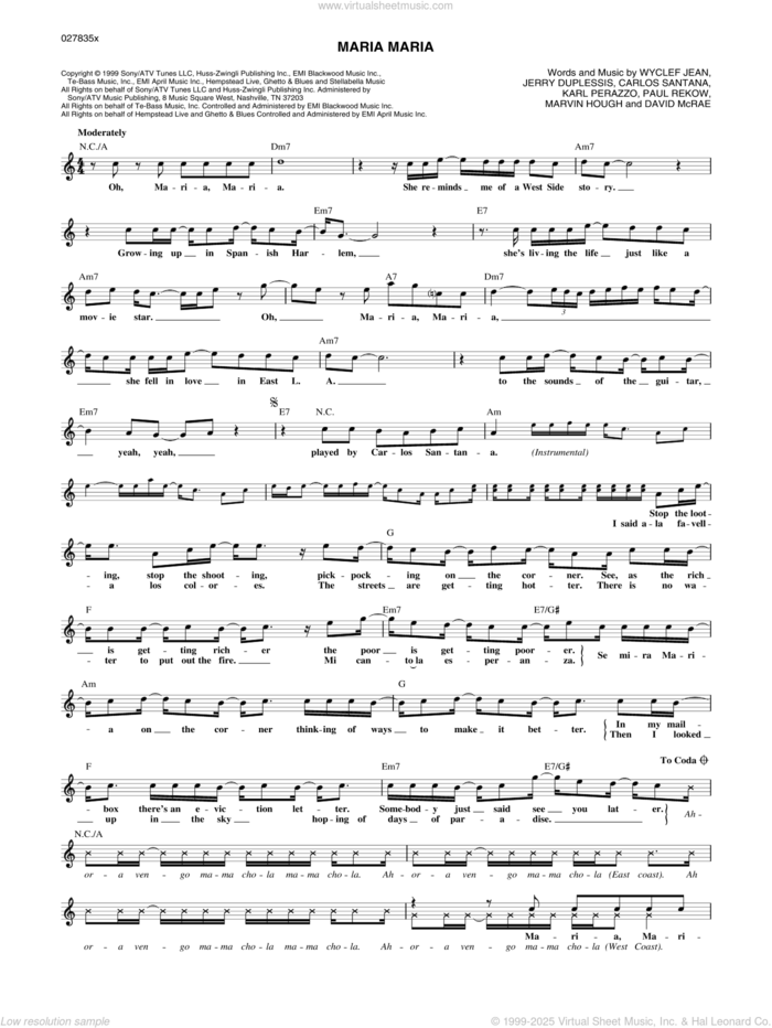 Maria Maria (feat. The Product G&B) sheet music for voice and other instruments (fake book) by Carlos Santana, David McRae, Jerry Duplessis, Karl Perazzo, Marvin Hough, Paul Rekow and Wyclef Jean, intermediate skill level