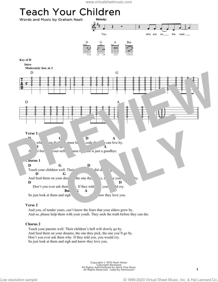 Teach Your Children sheet music for guitar solo (chart) by Crosby, Stills, Nash & Young and Graham Nash, easy guitar (chart)