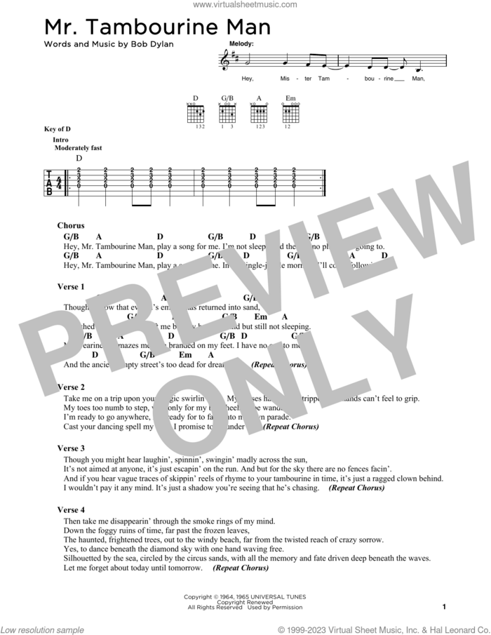Mr. Tambourine Man sheet music for guitar solo by Bob Dylan, intermediate skill level