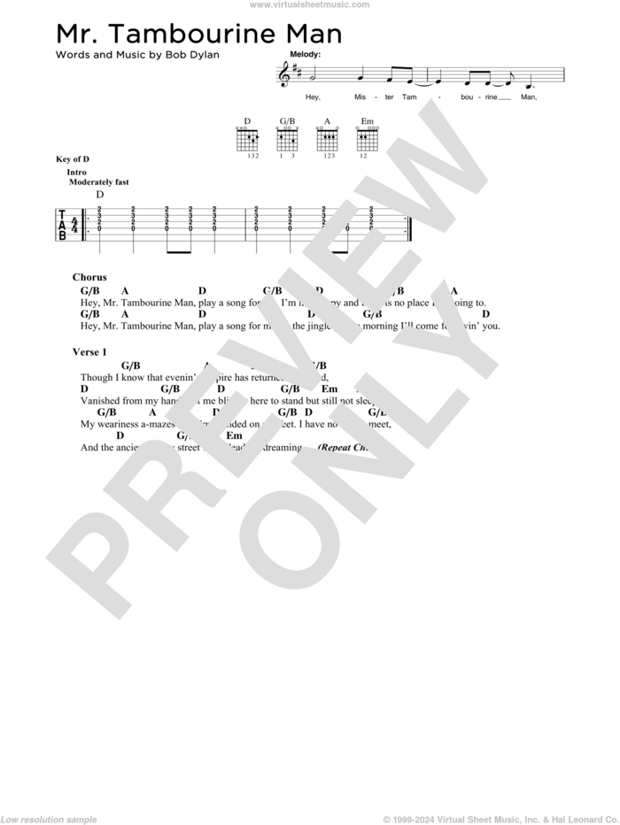 Mr. Tambourine Man sheet music for guitar solo by Bob Dylan, intermediate skill level