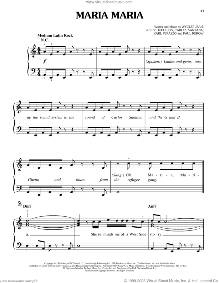 Maria Maria (feat. The Product G&B) sheet music for piano solo by Carlos Santana, David McRae, Jerry Duplessis, Karl Perazzo, Marvin Hough, Paul Rekow and Wyclef Jean, easy skill level