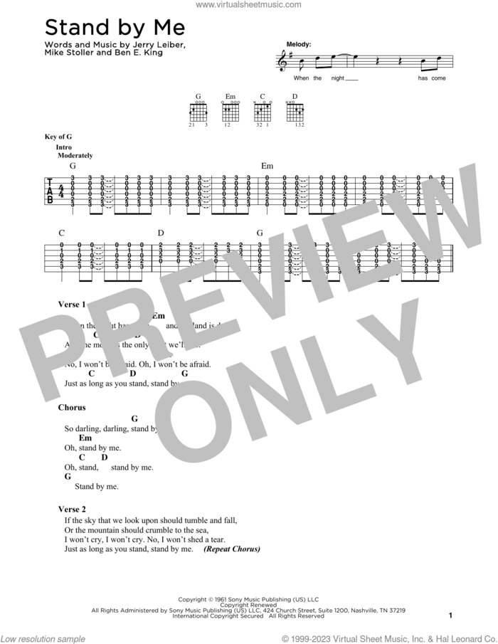 Stand By Me sheet music for guitar solo (chart) by Ben E. King, Jerry Leiber and Mike Stoller, easy guitar (chart)