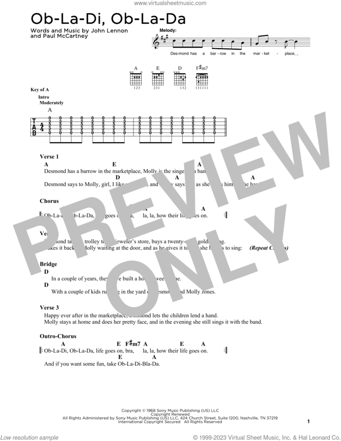 Ob-La-Di, Ob-La-Da sheet music for guitar solo by The Beatles, John Lennon and Paul McCartney, intermediate skill level