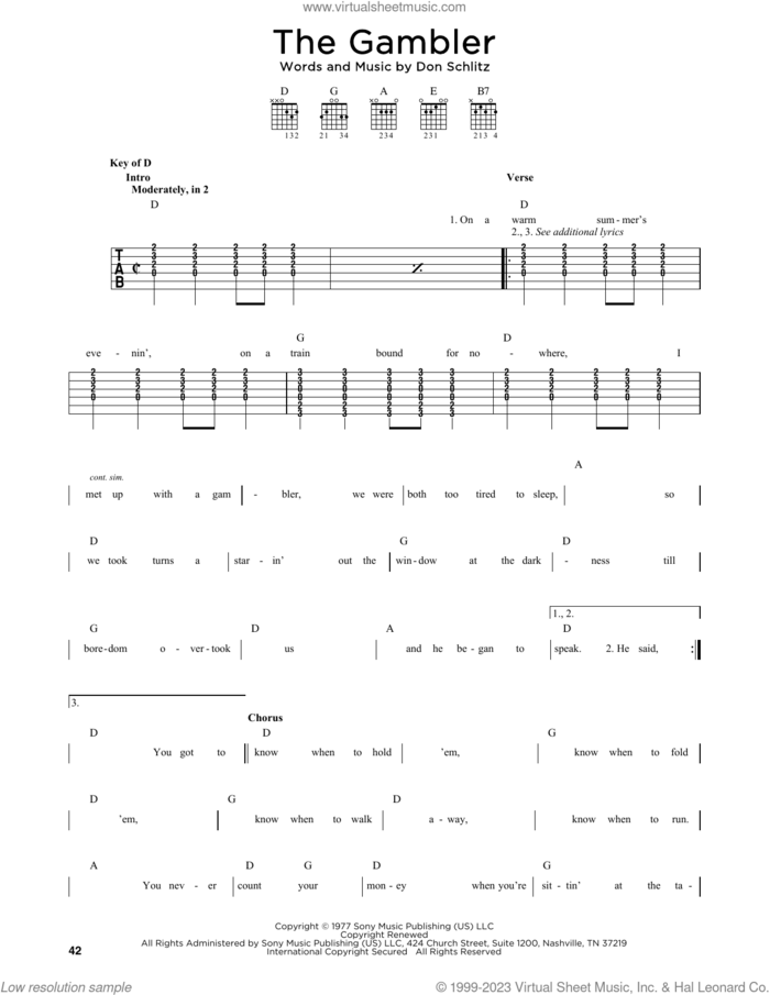 The Gambler sheet music for guitar solo by Kenny Rogers and Don Schlitz, intermediate skill level
