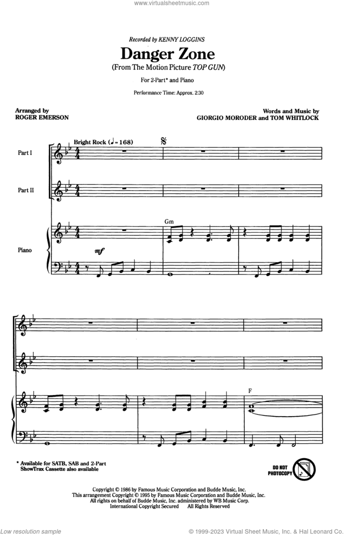 Danger Zone (arr. Roger Emerson) sheet music for choir (2-Part) by Kenny Loggins, Roger Emerson, Giorgio Moroder and Tom Whitlock, intermediate duet