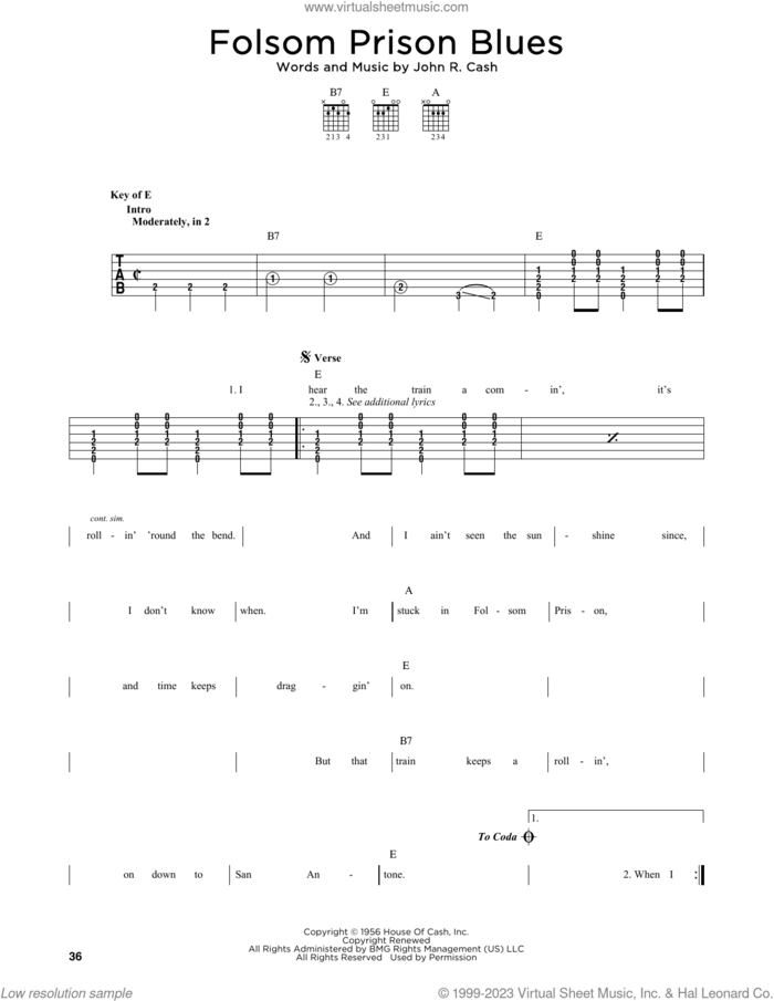 Folsom Prison Blues, (intermediate) sheet music for guitar solo by Johnny Cash, intermediate skill level