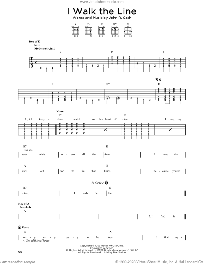 I Walk The Line sheet music for guitar solo by Johnny Cash, intermediate skill level