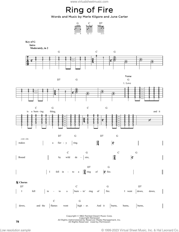 Ring Of Fire sheet music for guitar solo by Johnny Cash, June Carter and Merle Kilgore, intermediate skill level