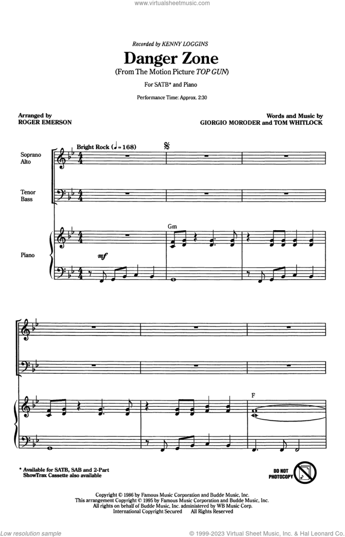 Danger Zone (arr. Roger Emerson) sheet music for choir (SATB: soprano, alto, tenor, bass) by Kenny Loggins, Roger Emerson, Giorgio Moroder and Tom Whitlock, intermediate skill level