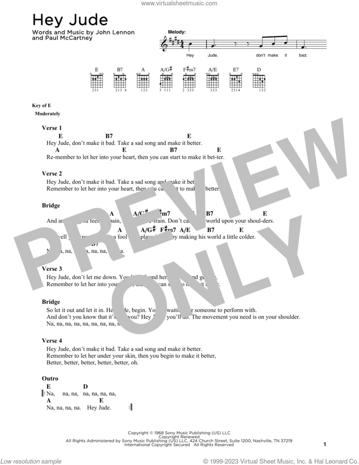 Hey Jude sheet music for guitar solo by The Beatles, John Lennon and Paul McCartney, intermediate skill level