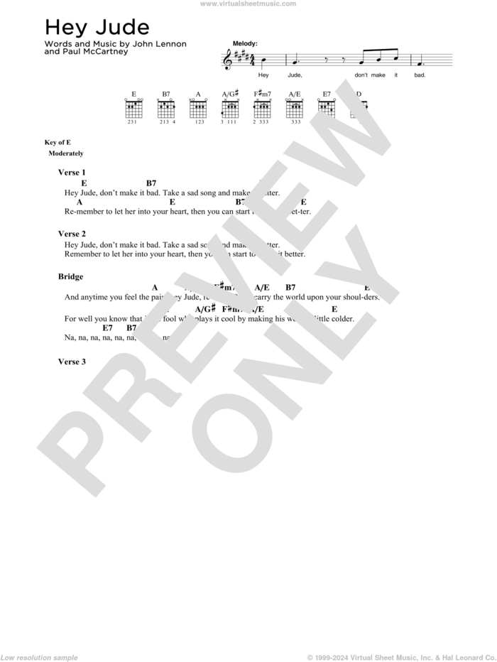 Hey Jude sheet music for guitar solo by The Beatles, John Lennon and Paul McCartney, intermediate skill level