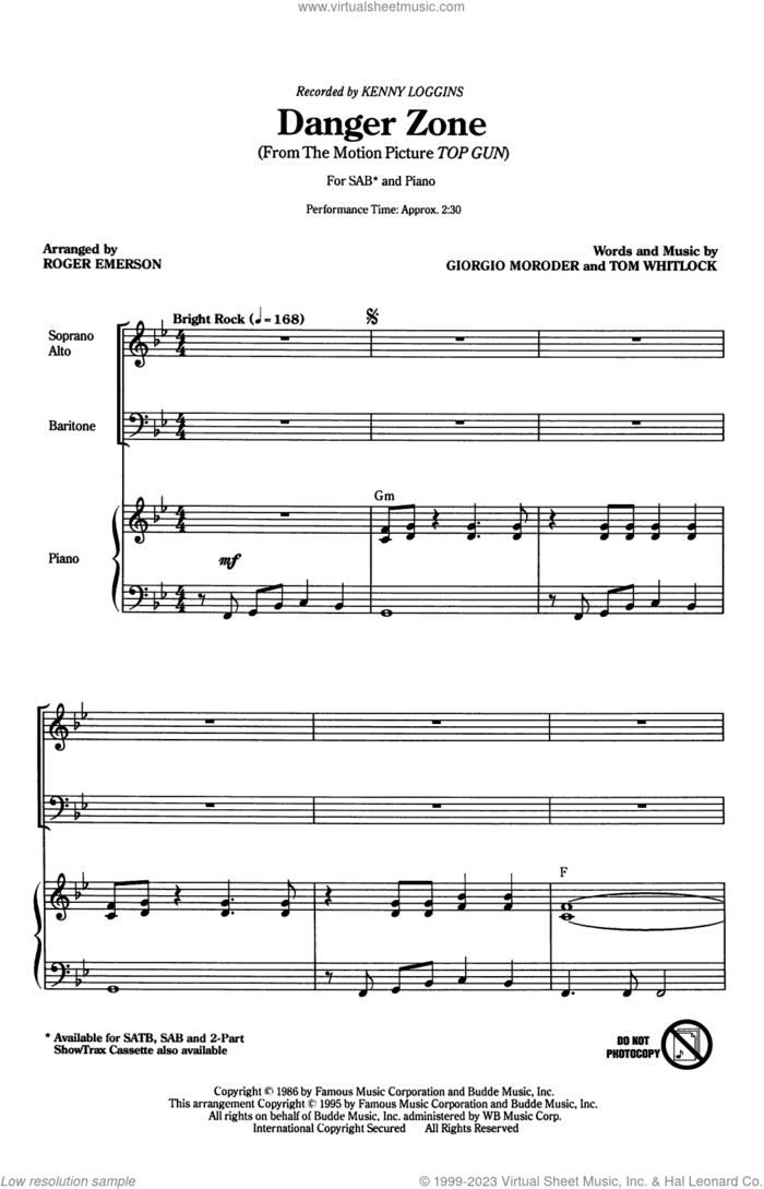 Danger Zone (arr. Roger Emerson) sheet music for choir (SAB: soprano, alto, bass) by Kenny Loggins, Roger Emerson, Giorgio Moroder and Tom Whitlock, intermediate skill level