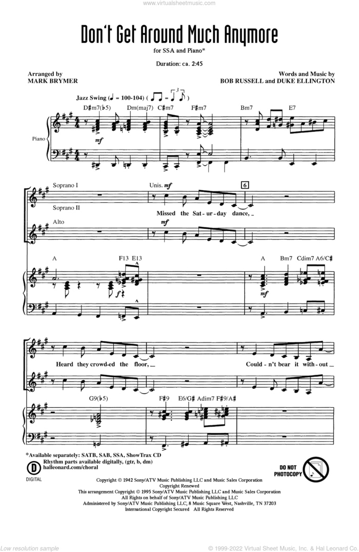 Don't Get Around Much Anymore (arr. Mark Brymer) sheet music for choir (SSA: soprano, alto) by Duke Ellington, Bob Russell and Mark Brymer, intermediate skill level
