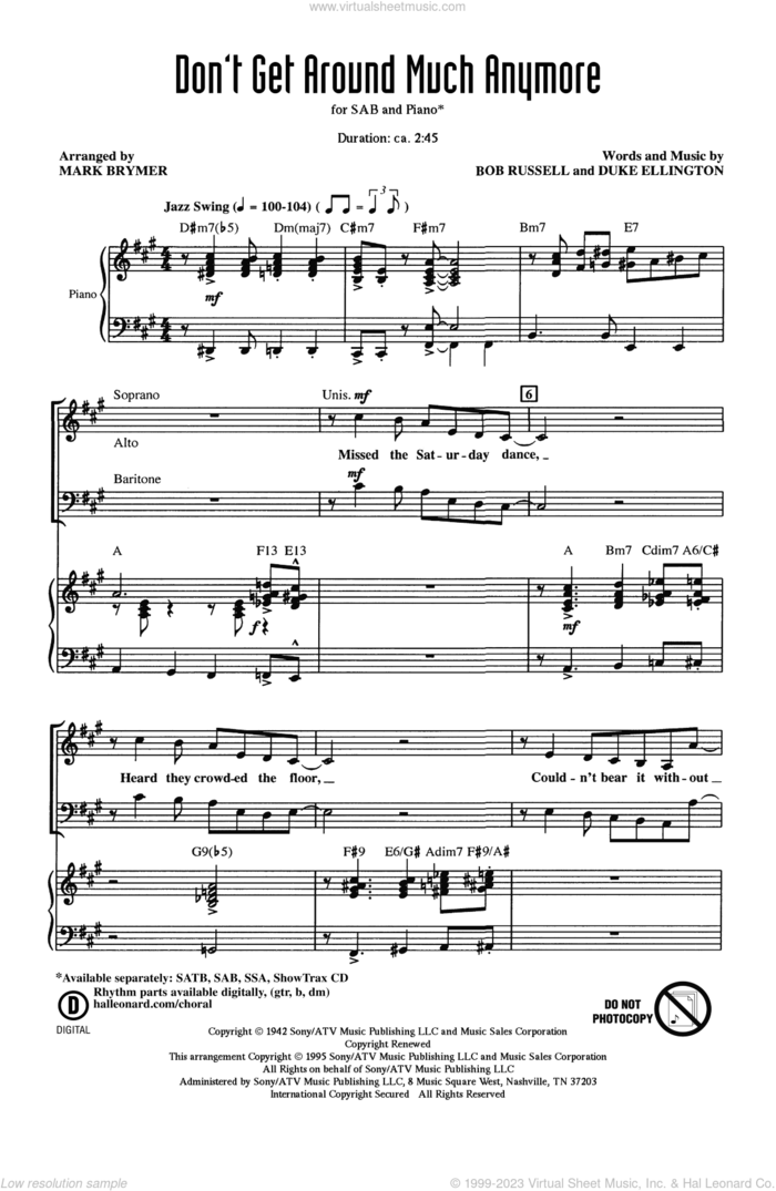 Don't Get Around Much Anymore (arr. Mark Brymer) sheet music for choir (SAB: soprano, alto, bass) by Duke Ellington, Bob Russell and Mark Brymer, intermediate skill level