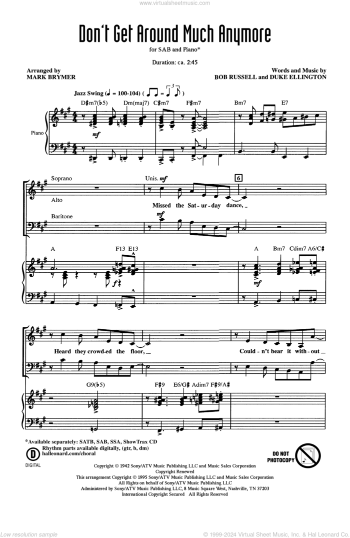 Don't Get Around Much Anymore (arr. Mark Brymer) sheet music for choir (SAB: soprano, alto, bass) by Duke Ellington, Bob Russell and Mark Brymer, intermediate skill level