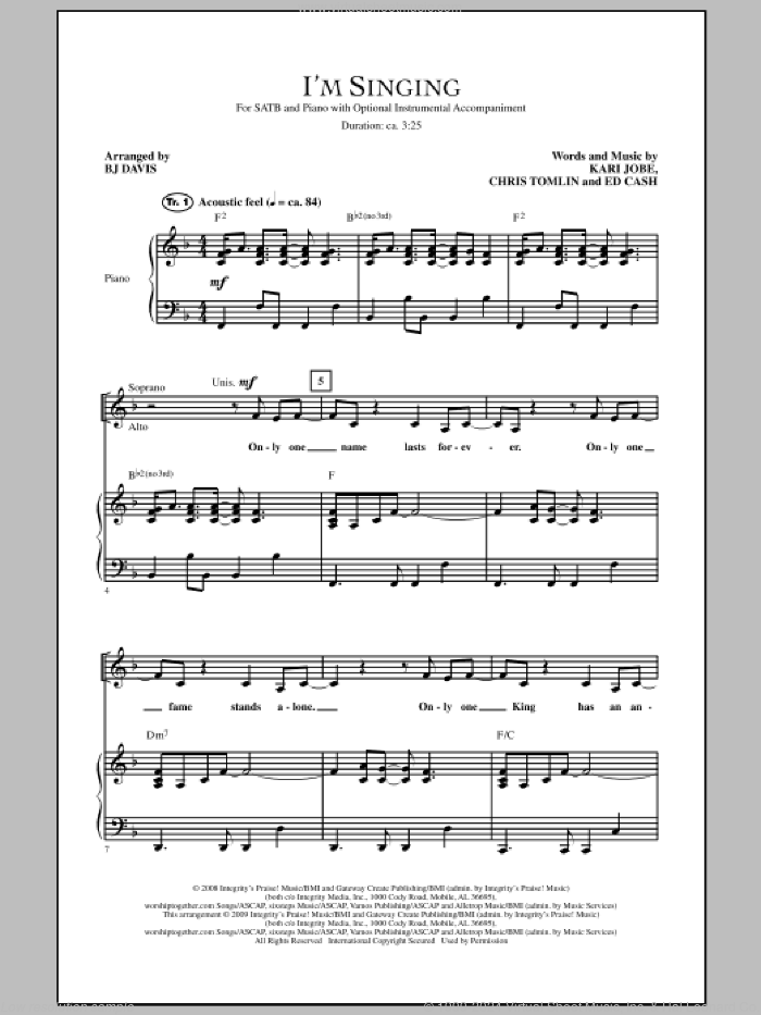 I'm Singing sheet music for choir (SATB: soprano, alto, tenor, bass) by Chris Tomlin, Ed Cash, Kari Jobe and BJ Davis, intermediate skill level