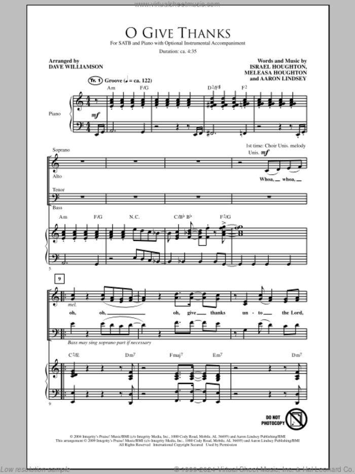 O Give Thanks sheet music for choir (SATB: soprano, alto, tenor, bass) by Israel Houghton, Aaron Lindsey, Meleasa Houghton and Dave Williamson, intermediate skill level