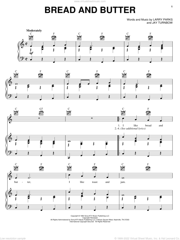 Bread And Butter sheet music for voice, piano or guitar by Newbeats, Jay Turnbow and Larry Parks, intermediate skill level