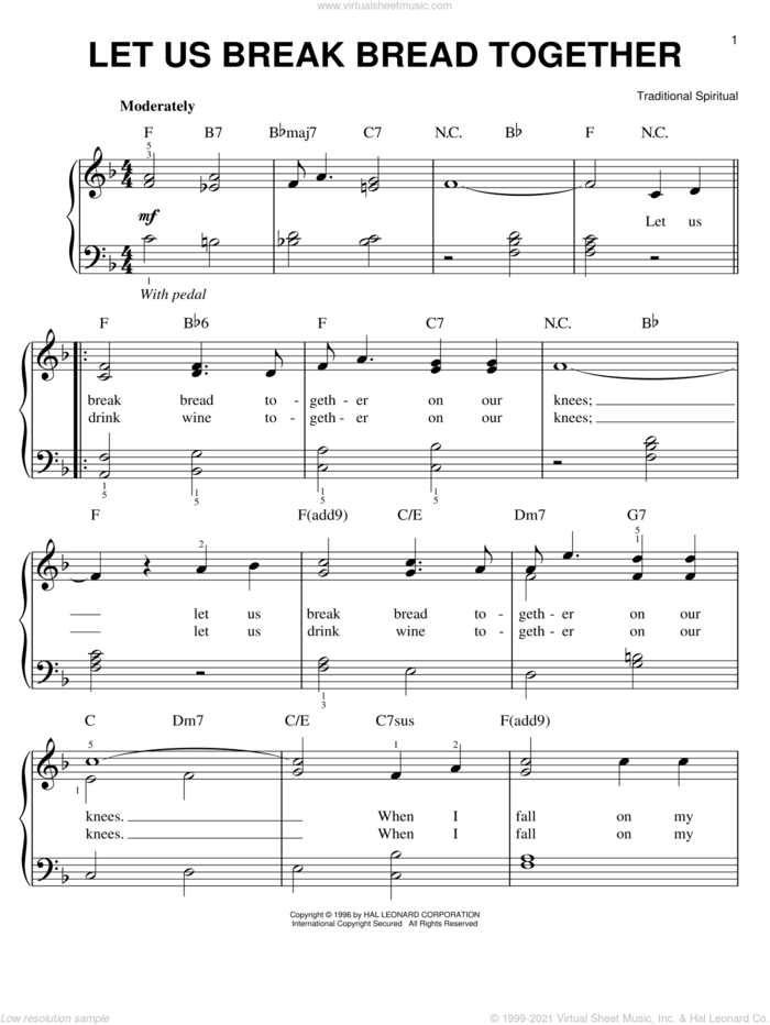 Let Us Break Bread Together, (easy) sheet music for piano solo, easy skill level