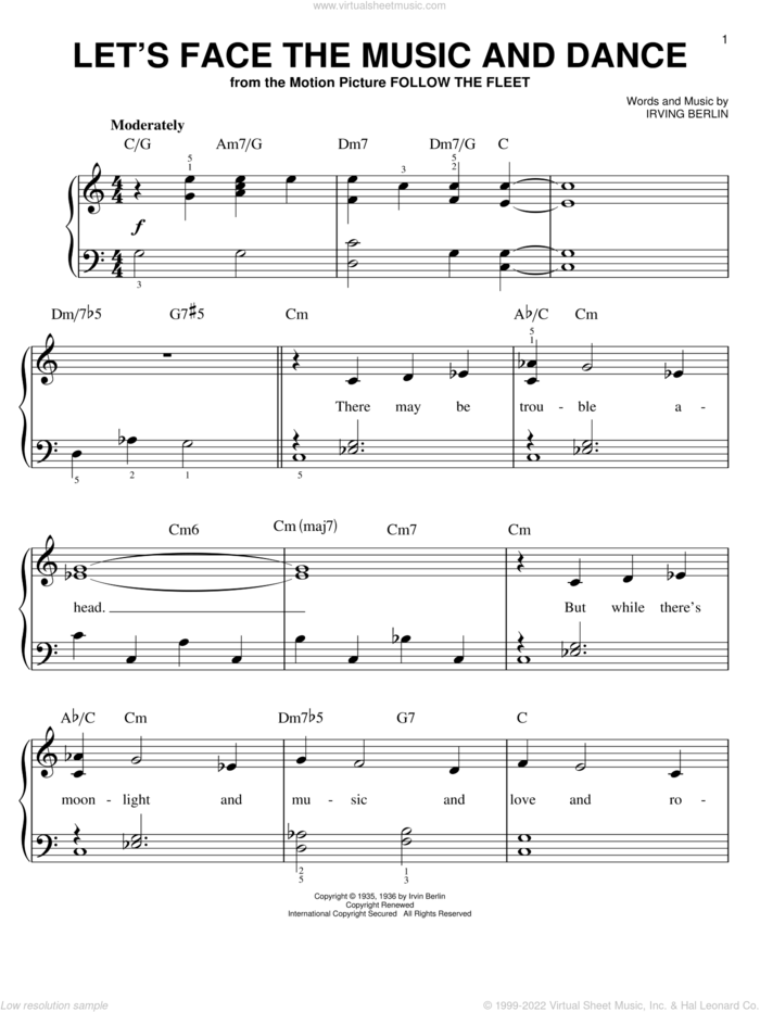 Let's Face The Music And Dance sheet music (easy) for piano solo