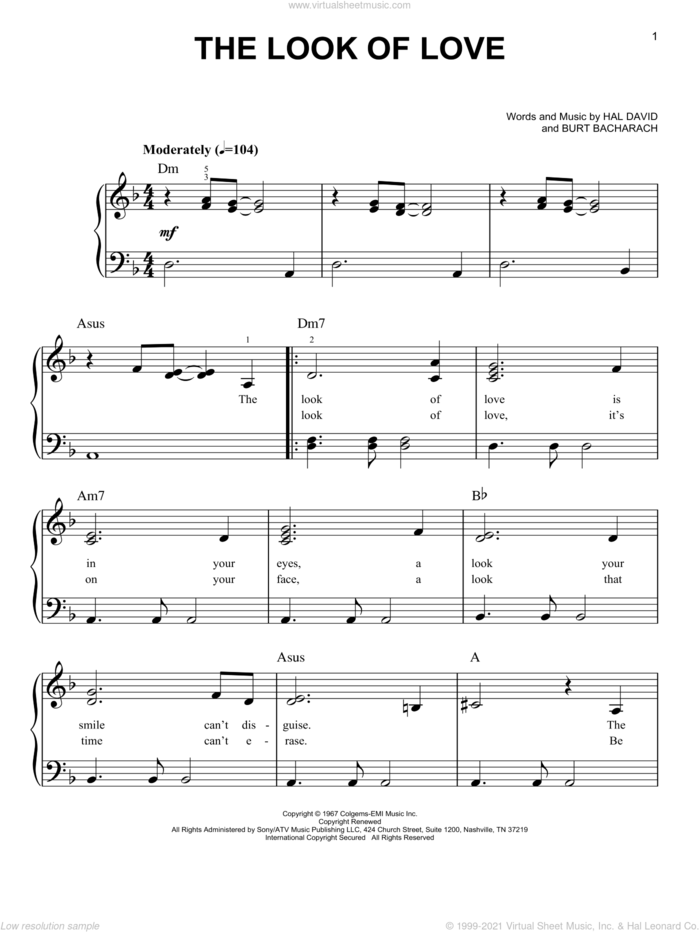 The Look Of Love sheet music for piano solo by Bacharach & David, Burt Bacharach and Hal David, easy skill level