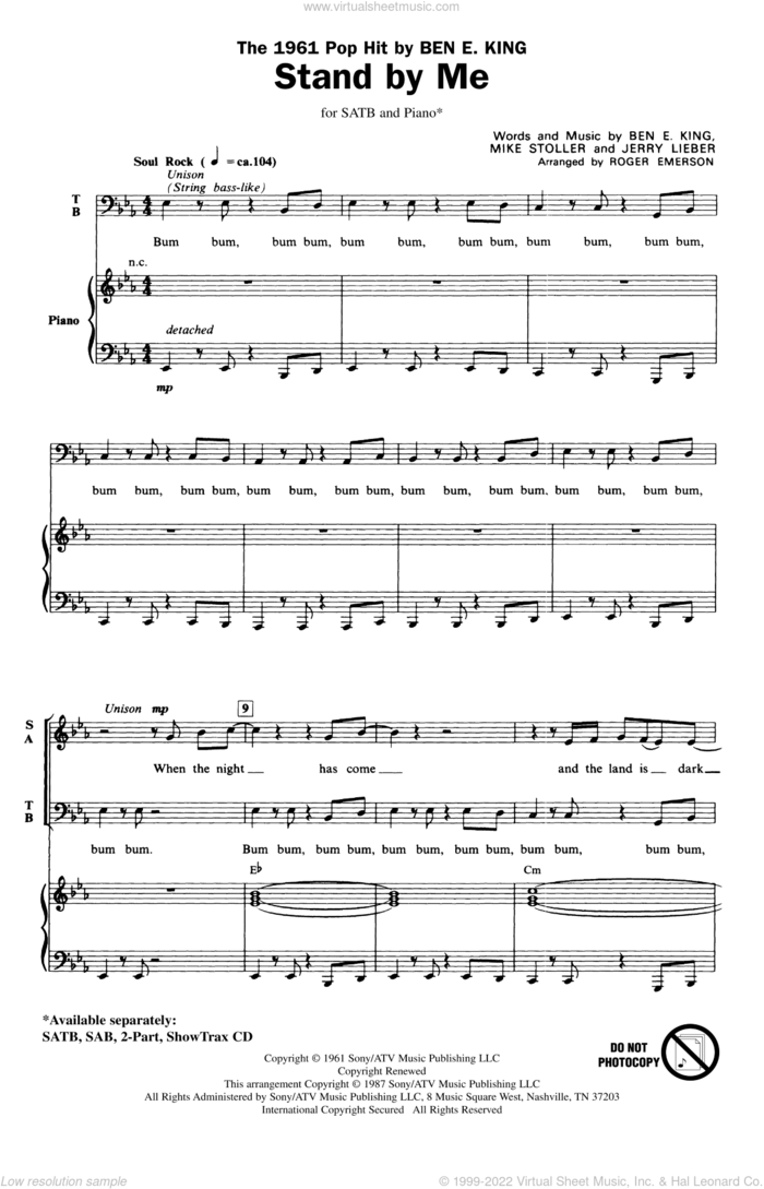 Stand By Me (arr. Roger Emerson) sheet music for choir (SATB: soprano, alto, tenor, bass) by Mike Stoller, Ben E. King, Jerry Leiber and Roger Emerson, intermediate skill level