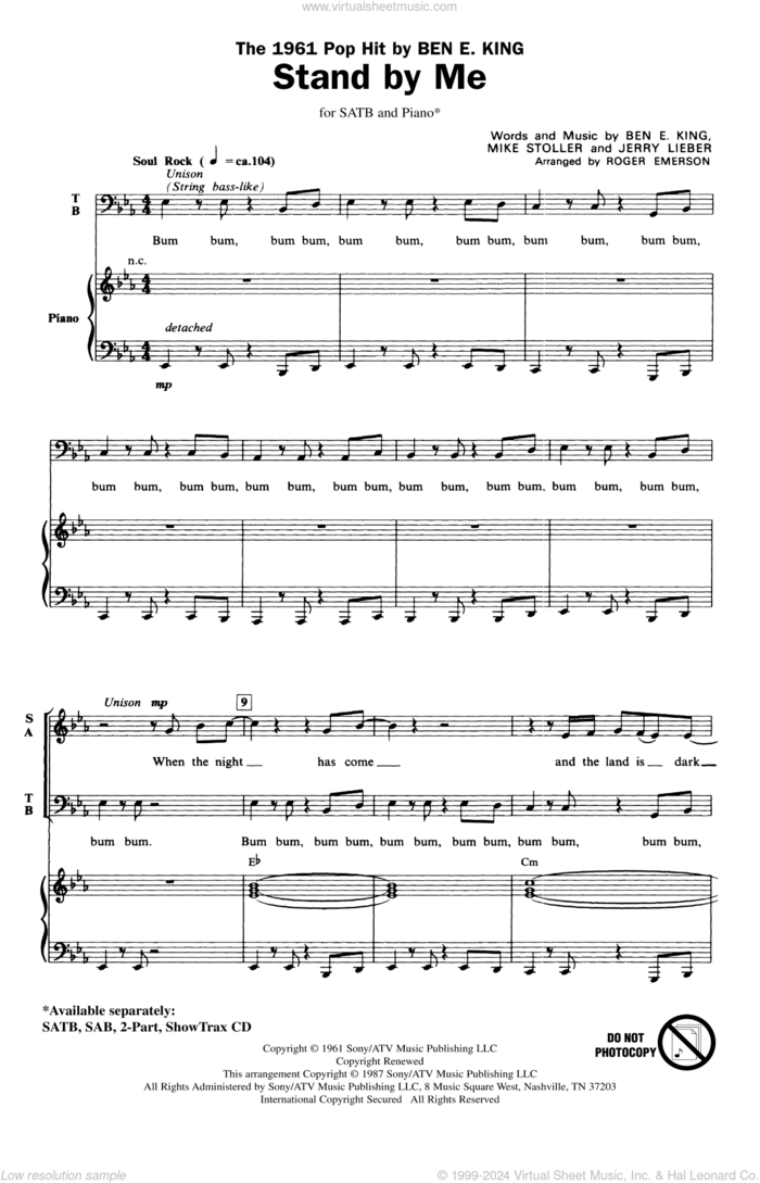 Stand By Me (arr. Roger Emerson) sheet music for choir (SATB: soprano, alto, tenor, bass) by Mike Stoller, Ben E. King, Jerry Leiber and Roger Emerson, intermediate skill level